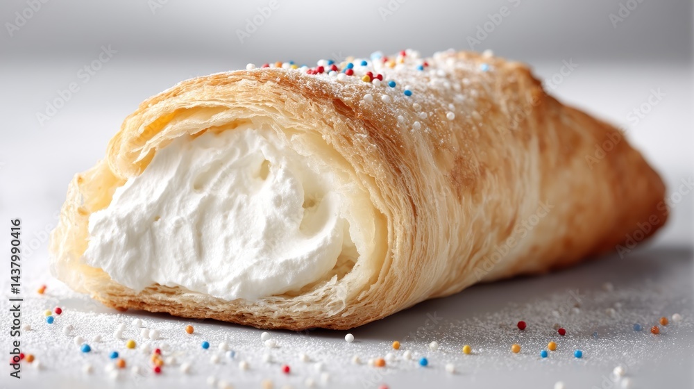 Poster close-up of a frosted pastry showcasing a creamy filling and colorful sprinkles, set against a minim