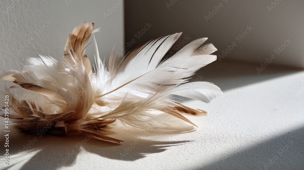 Fototapete ivory feather wings are beautifully arranged with soft shadows, set against a light background, perf