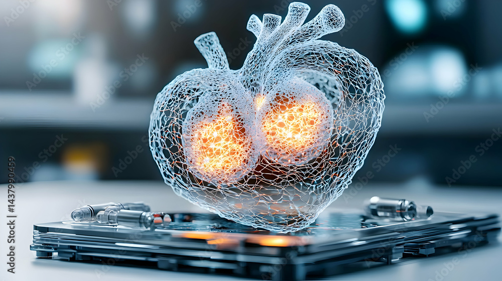 Poster a digital heart model constructed of mesh and glowing cells. it is shown on a technological base dep