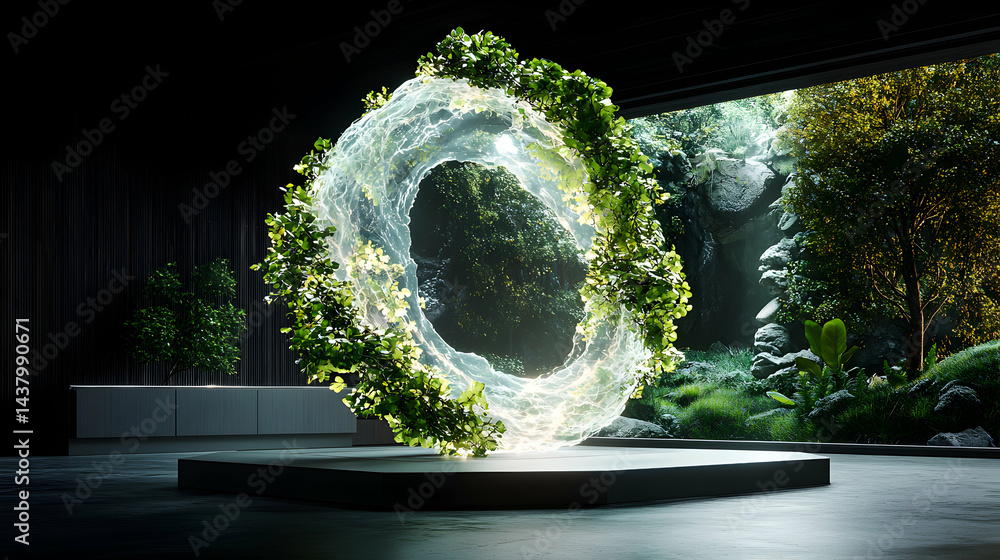 Poster a luminous portal of nature surrounded by greenery stands on a platform. ideal for environmental des