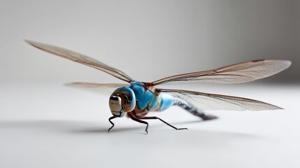 A single dragonfly flies gracefully, exhibiting intricate wing details and vibrant colors, isolated on a soft background ideal for nature-themed designs