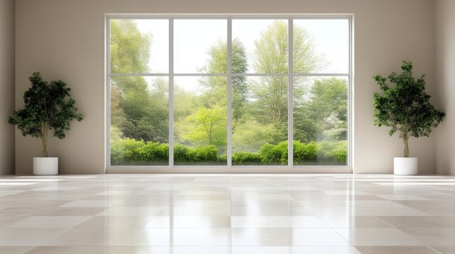 Empty room with large window overlooking garden