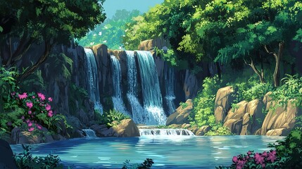 * Tropical waterfalls cascading into secluded lagoons.