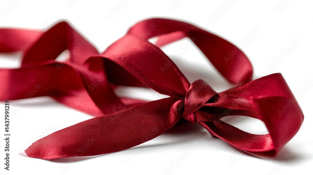 Poster Close-up view of a crimson satin ribbon fashioned into a delicate bow, isolated with ample copy space, ideal for enhancing gift and celebration themes