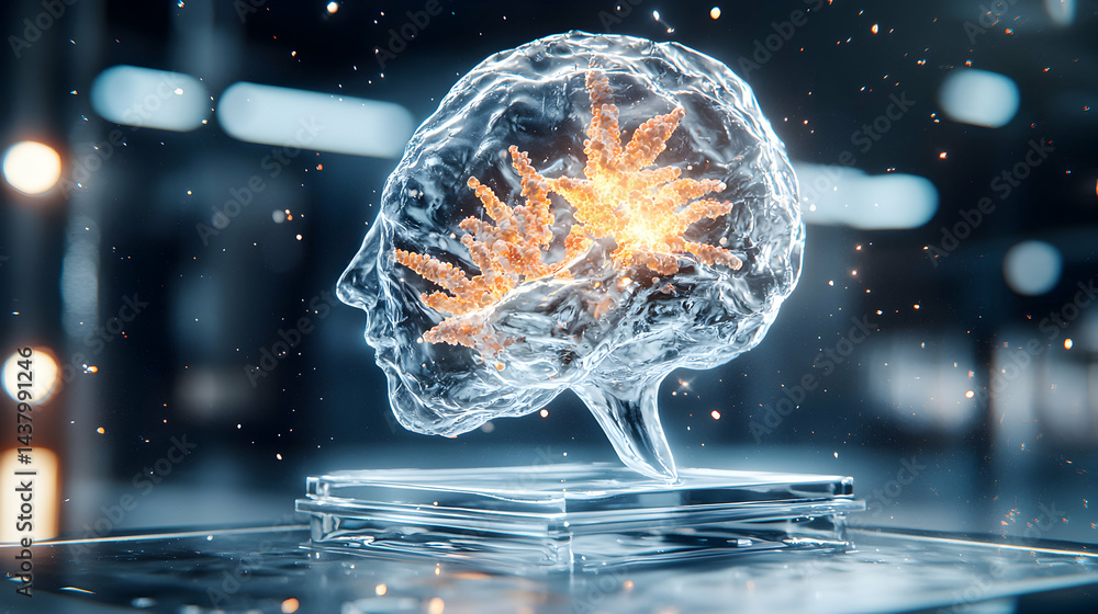 Aufkleber an abstract depiction of a brain. a glowing structure within its icy form. this artwork could suit m