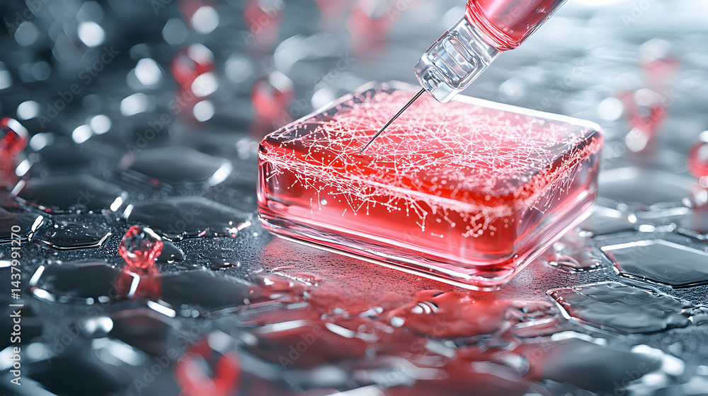 Poster an illustration depicts a syringe injecting a red liquid into a cube with complex internal structure