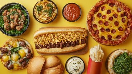Overhead shot of various foods including pizza, hot dog, fries, and bowls of assorted dishes on yellow background.
