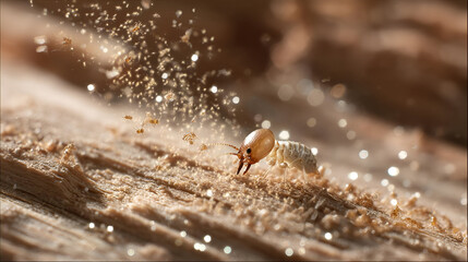 A termite feeding on wood dust, its tiny body reflected in the grains of the wood. The sunlight reflects off the dust particles, and the insects movements are captured in high detail.