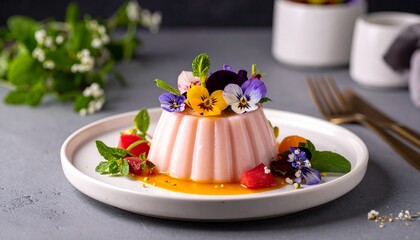 美しいデザート、パンナコッタとエディブルフラワー