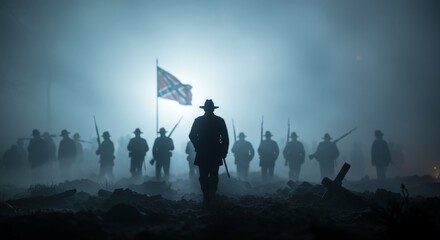 Silhouetted soldiers with flag in smoky battlefield