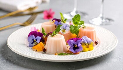 美しいデザート、パンナコッタとエディブルフラワー