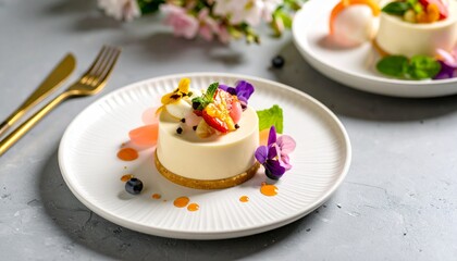 美しいデザート、パンナコッタとエディブルフラワー