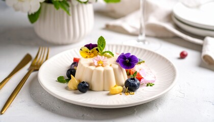 美しいデザート、パンナコッタとエディブルフラワー