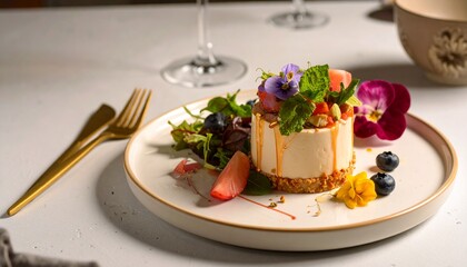 美しいデザート、パンナコッタとエディブルフラワー