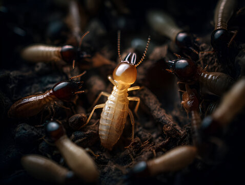 A termite queen inside the colony, surrounded by her workers. The camera angle emphasizes her size and delicate body, contrasted with the dark, busy background.