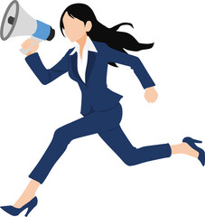 メガフォンを使って大声で叫びながら走るビジネスウーマンのイラスト