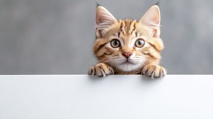 Curious Kitten on White Surface, Soft Focus, High-resolution Photography, Close-up Portrait View, Intrigued Expression, Neutral Gray Background, Warm Beige Tones, Perfect for Pet Adoption Ads