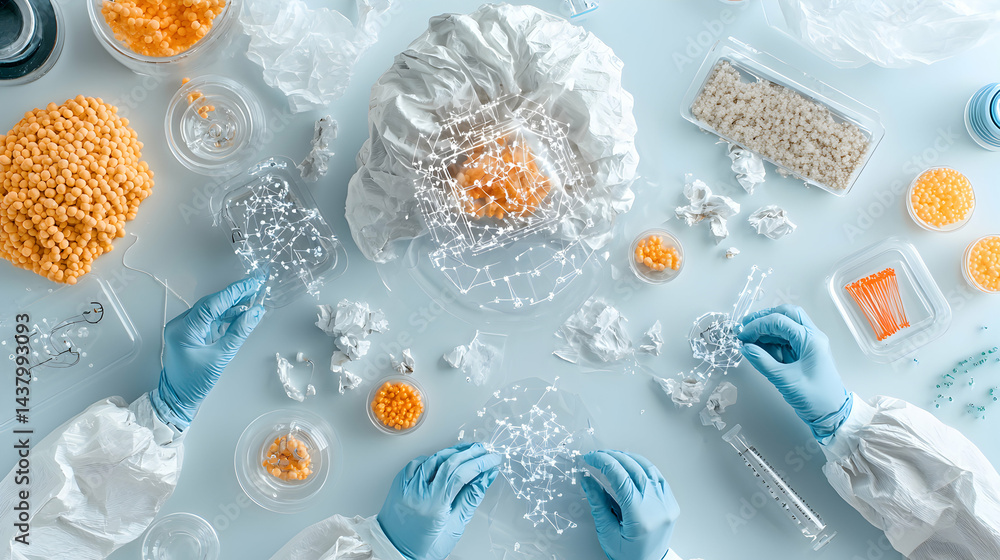 Poster a top-down view of a lab scene with hands in gloves manipulating objects and data visualizations. a 