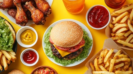 Overhead view of a cheeseburger, fries, chicken wings, and various dipping sauces on a yellow background.