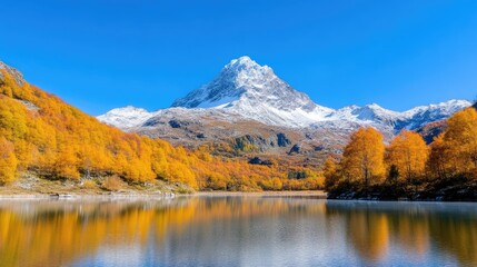 Fototapeta premium Autumnal mountain lake reflecting a snow-capped peak (1)