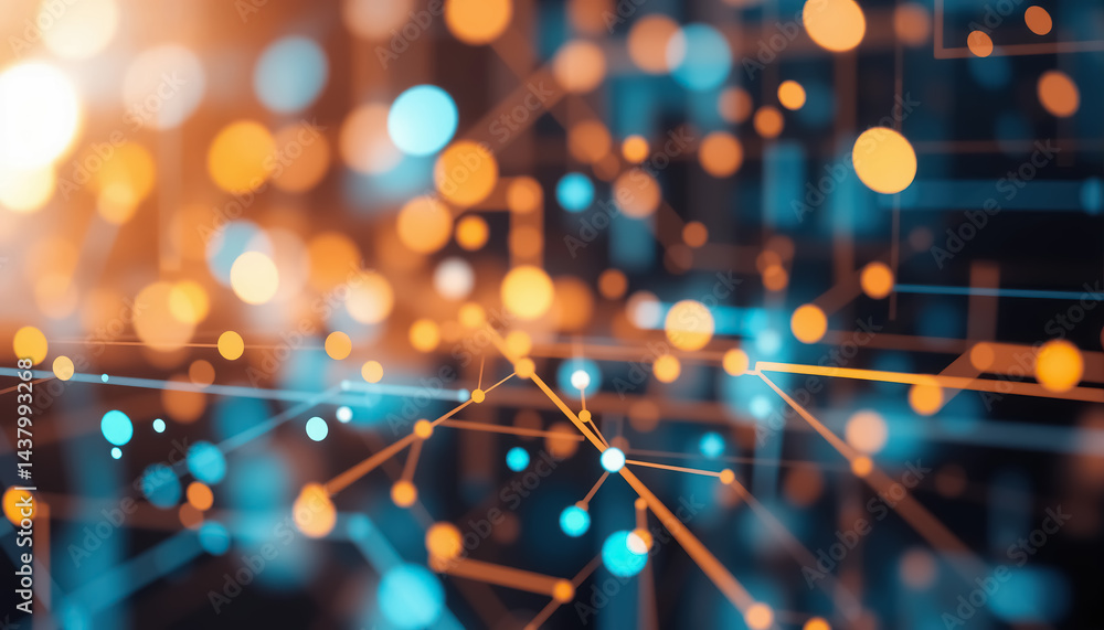 Poster Interconnected network nodes glow against dark backdrop symbolizing digital connectivity and technology
