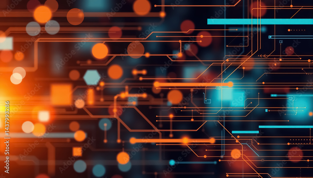 Poster abstract digital network with glowing orange lines and blue geometric shapes on dark background