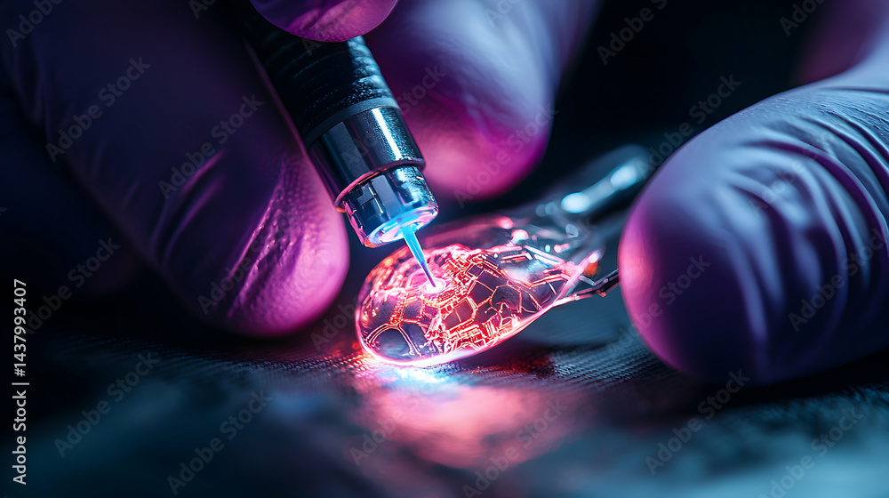 Poster close-up of a device working on a translucent object. it emits bright blue and red light suggesting 