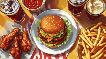 Overhead view of a double cheeseburger, fries, chicken wings, and soda.