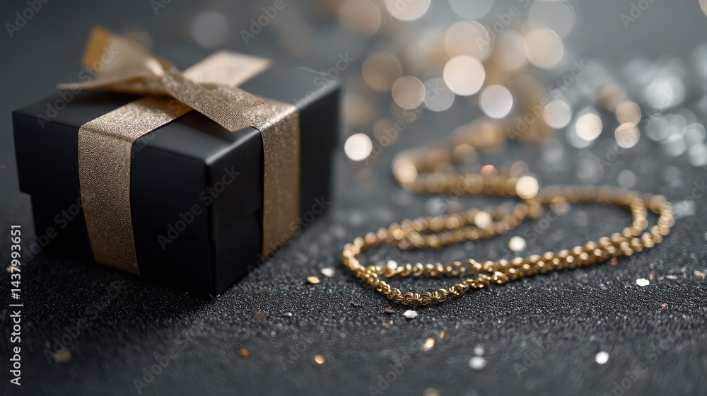 Poster a neatly wrapped black gift box adorned with a metallic gold ribbon rests on a dark sparkly surface,