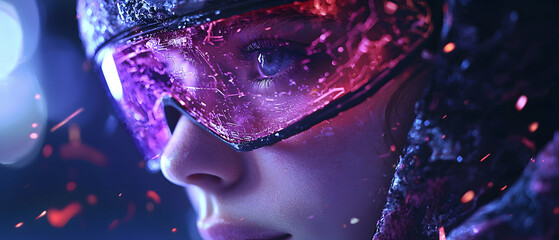 A futuristic cyberpunk style portrait with a woman wearing illuminated technology glasses. Consider for a sci-fi game or movie concept art poster.
