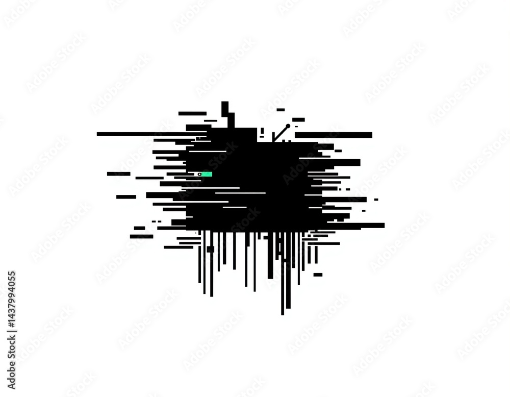 Poster abstract pixelated black form digital glitch effect horizontal lines and vertical stripes on white