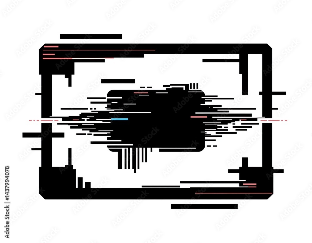 Poster abstract depiction of disruption with rectangular outline surrounding blurred glitching black mass