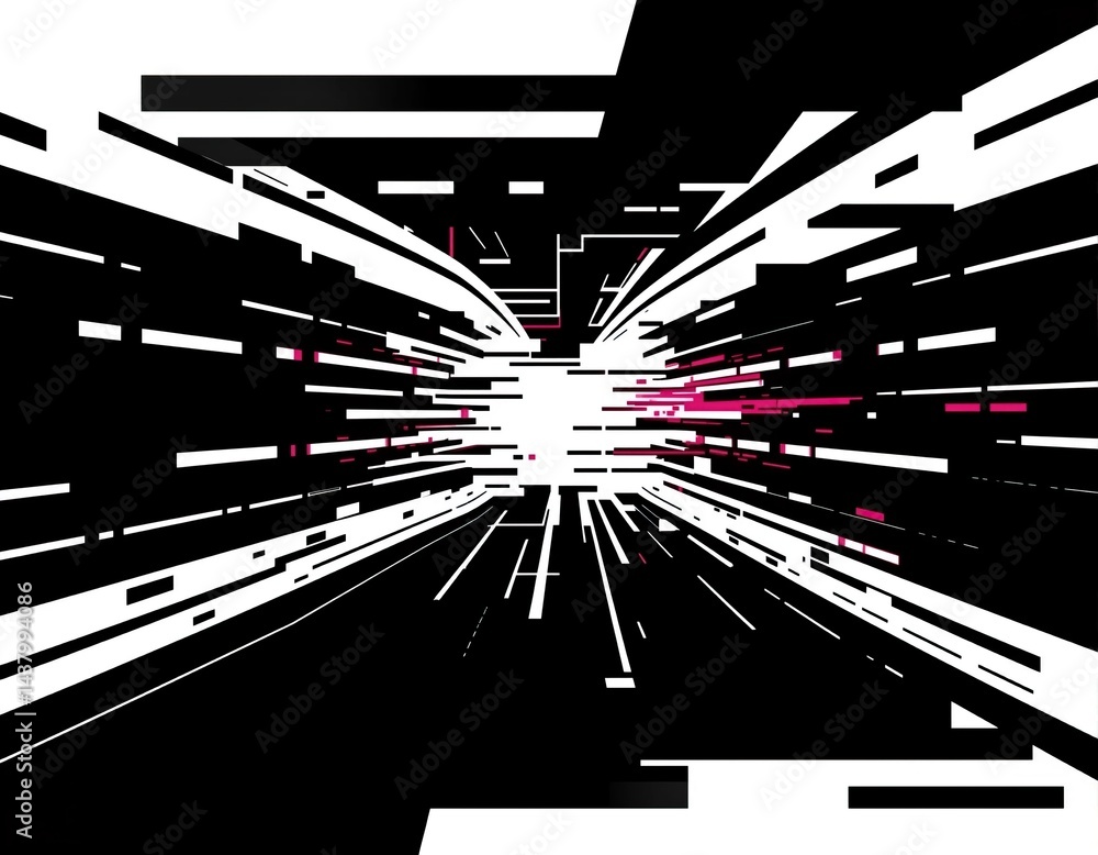 Poster abstract black and white lines converge towards bright focal point enhanced with touches of magenta