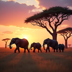 Obraz premium elephants in the sunset