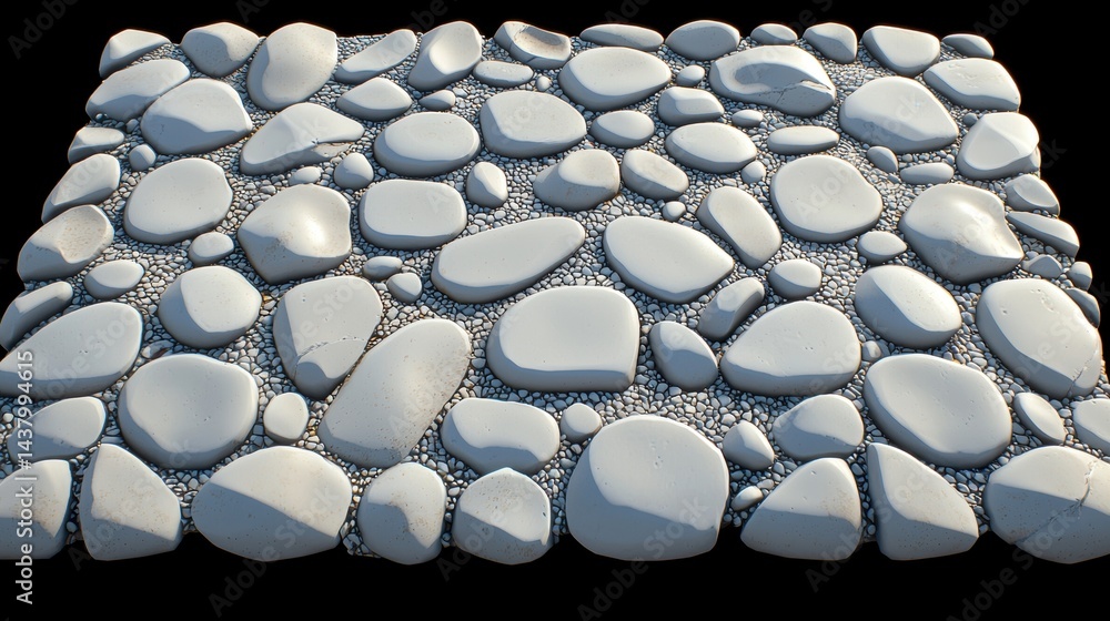 Poster a 3d rendering of a rock wall composed of various sized and shaped rocks.