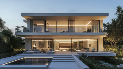 Fototapeta premium minimalist luxury villa glowing dusk light, showcasing modern architecture and serene ambiance