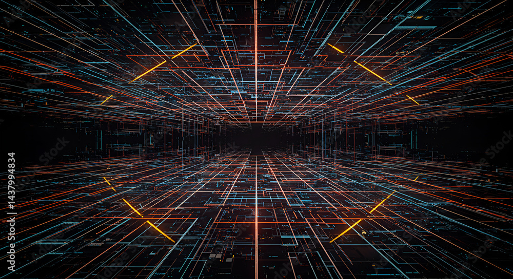 Poster Abstract Futuristic Technology Grid Lines Tunnel Background With Digital Design