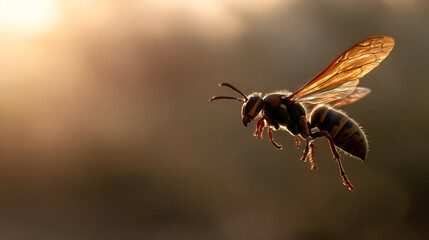 A wasp hovering in mid-air, captured from a side angle. The sunlight shines through its wings, creating a subtle glow. The soft background highlights the insect in motion.