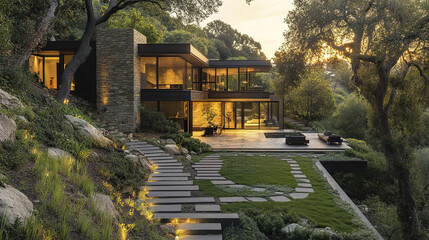 Obraz premium modern home with bold stone materials, surrounded by lush greenery and serene landscape