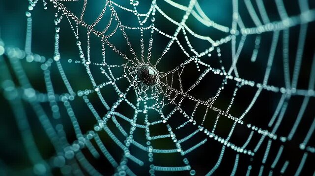 Close-up of a dewdrop-laden spider web glistening in the morning light amidst a blurred natural background