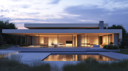 Fototapeta premium minimalist villa at dusk with glowing interior lights, creating serene atmosphere