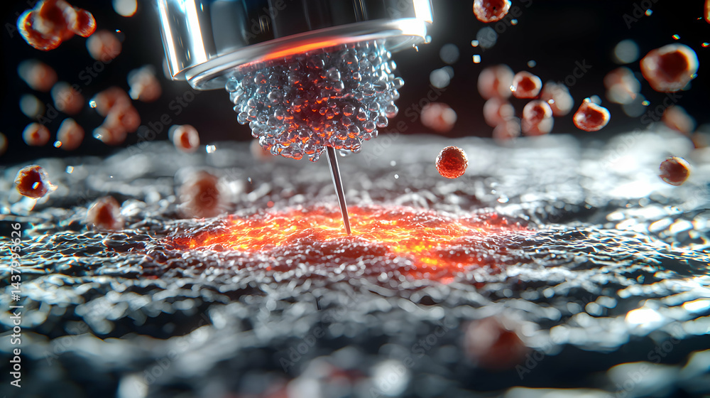 Aufkleber microscopic image showing a medical device possibly delivering a substance to a cell. application in
