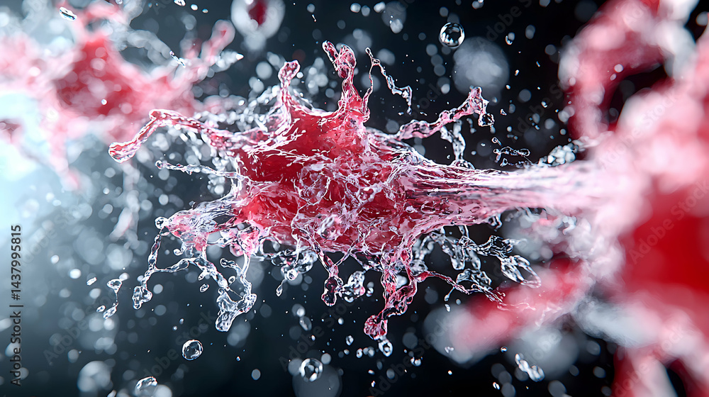 Poster abstract artistic rendering of a red liquid splashing. suitable for use in medical visuals or scient
