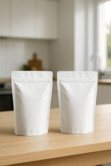 Two white doypack pouches standing on wooden table in kitchen