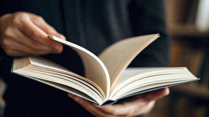 Person is flipping through pages of book, showcasing rapid movement and steady focus on reading