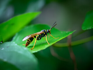 Fototapeta premium A wasp sitting on a bright green leaf with the light highlighting its body. The soft blur of the background adds depth, making the sharp details of the wasp stand out.
