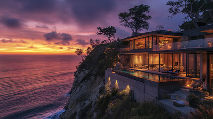 Modern cliffside house with infinity pool reflecting sunset over ocean, creating serene