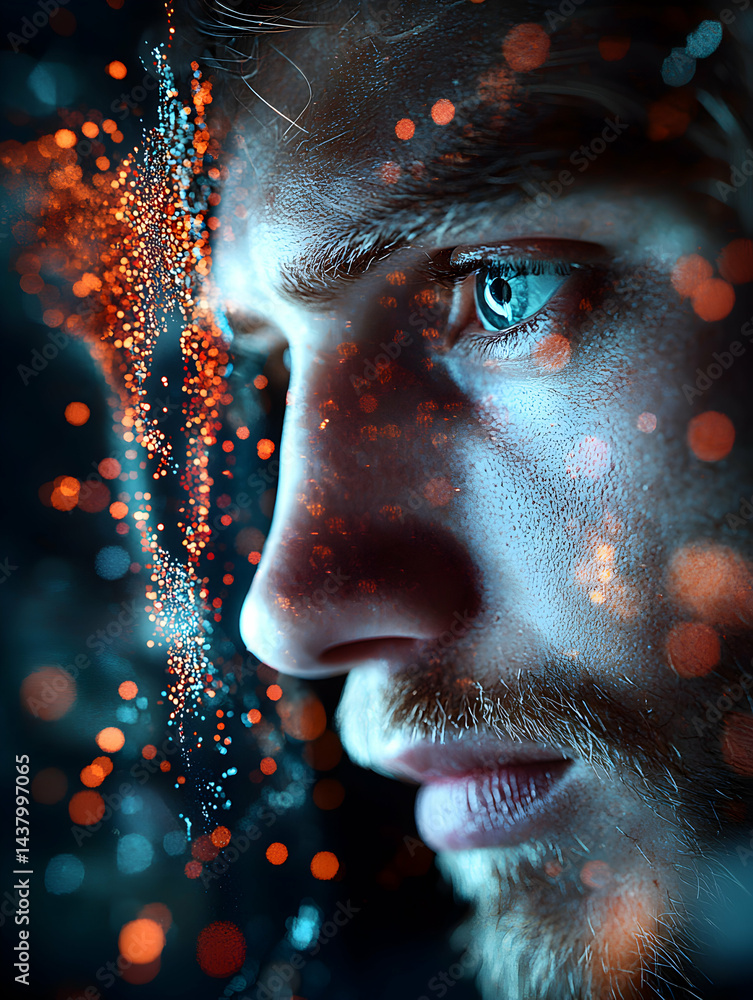 Poster close-up of a man's face with glowing particles overlay. suitable for tech sci-fi or futuristic them