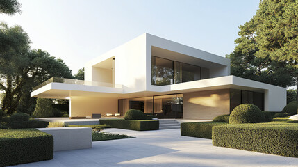 Modern villa with pristine white facade, surrounded by lush greenery and elegant landscaping