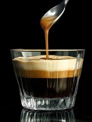A close-up of a Caramel Macchiato in a clear glass cup. You can see the layers of espresso, milk, and caramel being spooned on top. Perfect for coffee blogs, ads, and coffee drink related projects.